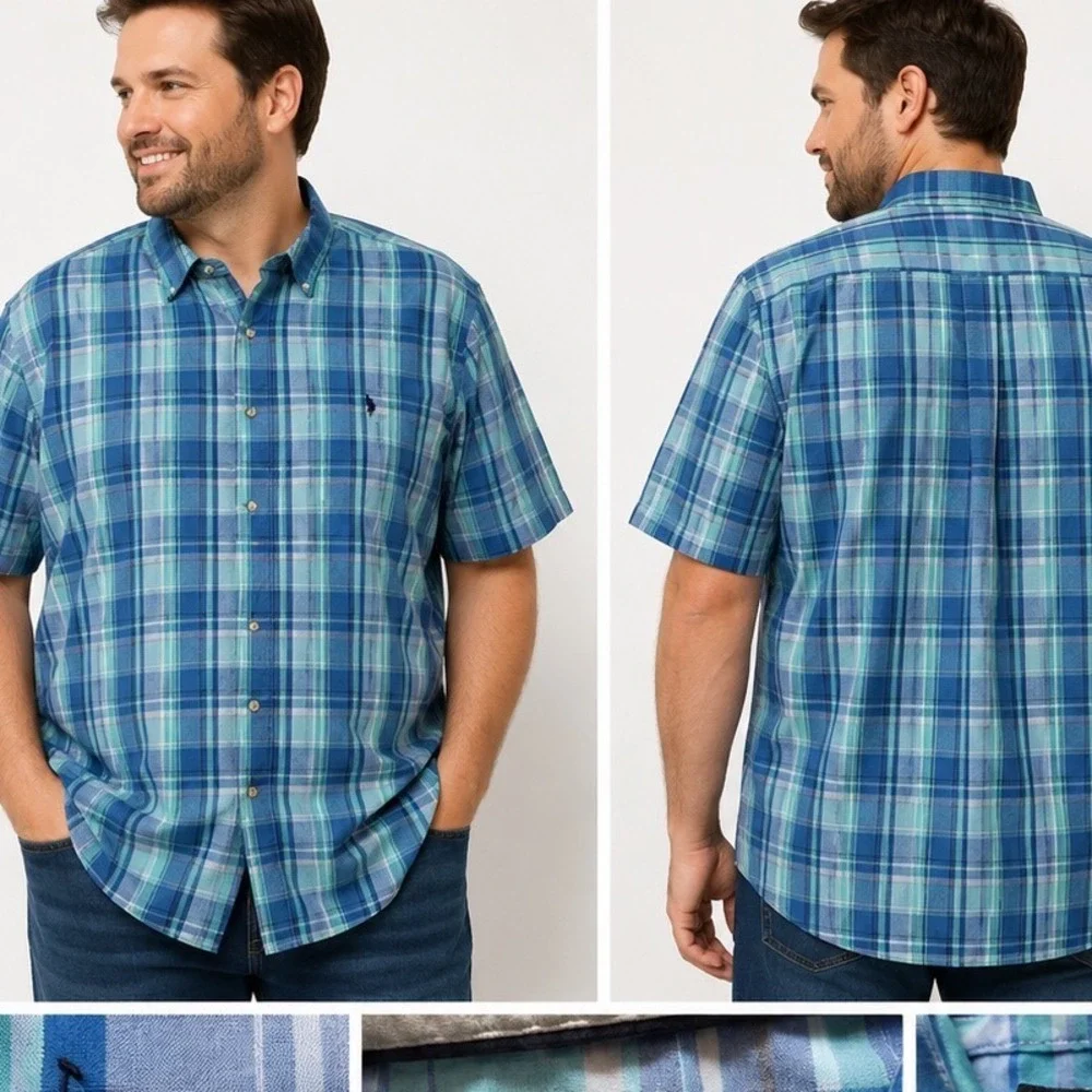 US Polo Assn Mens 2XL Blue Teal Plaid Short Sleeve Button Down Shirt Classic Fit